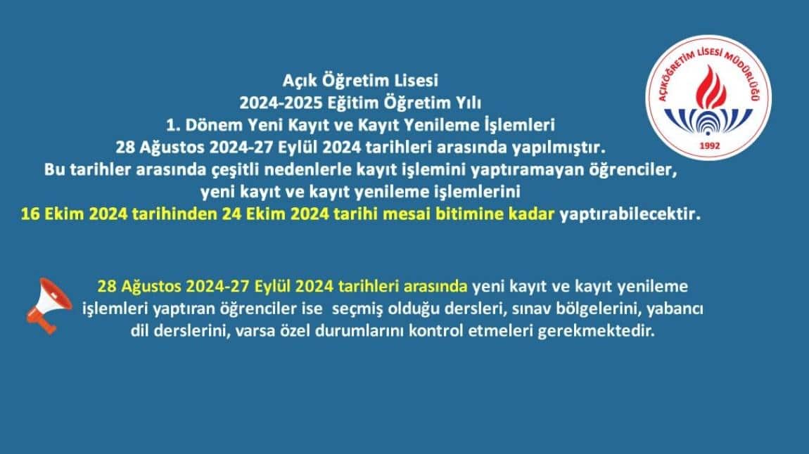 Açık lise  ve açık ortaokul yeni kayit ve kayit yenilemeleri tekrar hizmete açıldı.